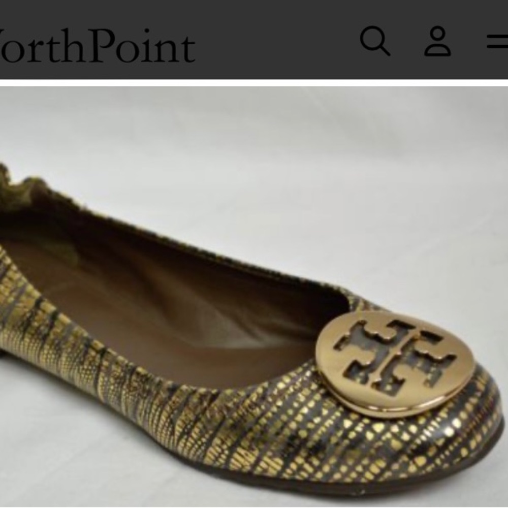 🎉HP🎉TORI BURCH Gold/Bronze Reva Metallic Lizard Ballet Flat- Metal Logo.